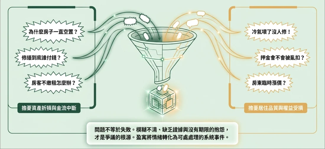 房東與房客各自的擔憂，經由盈寓系統轉化為可處理的事件