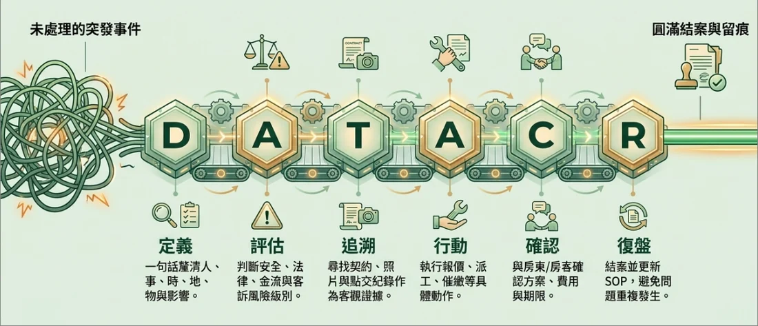 D-A-T-A-C-R 六步驟標準流程：定義、評估、追溯、行動、確認、復盤
